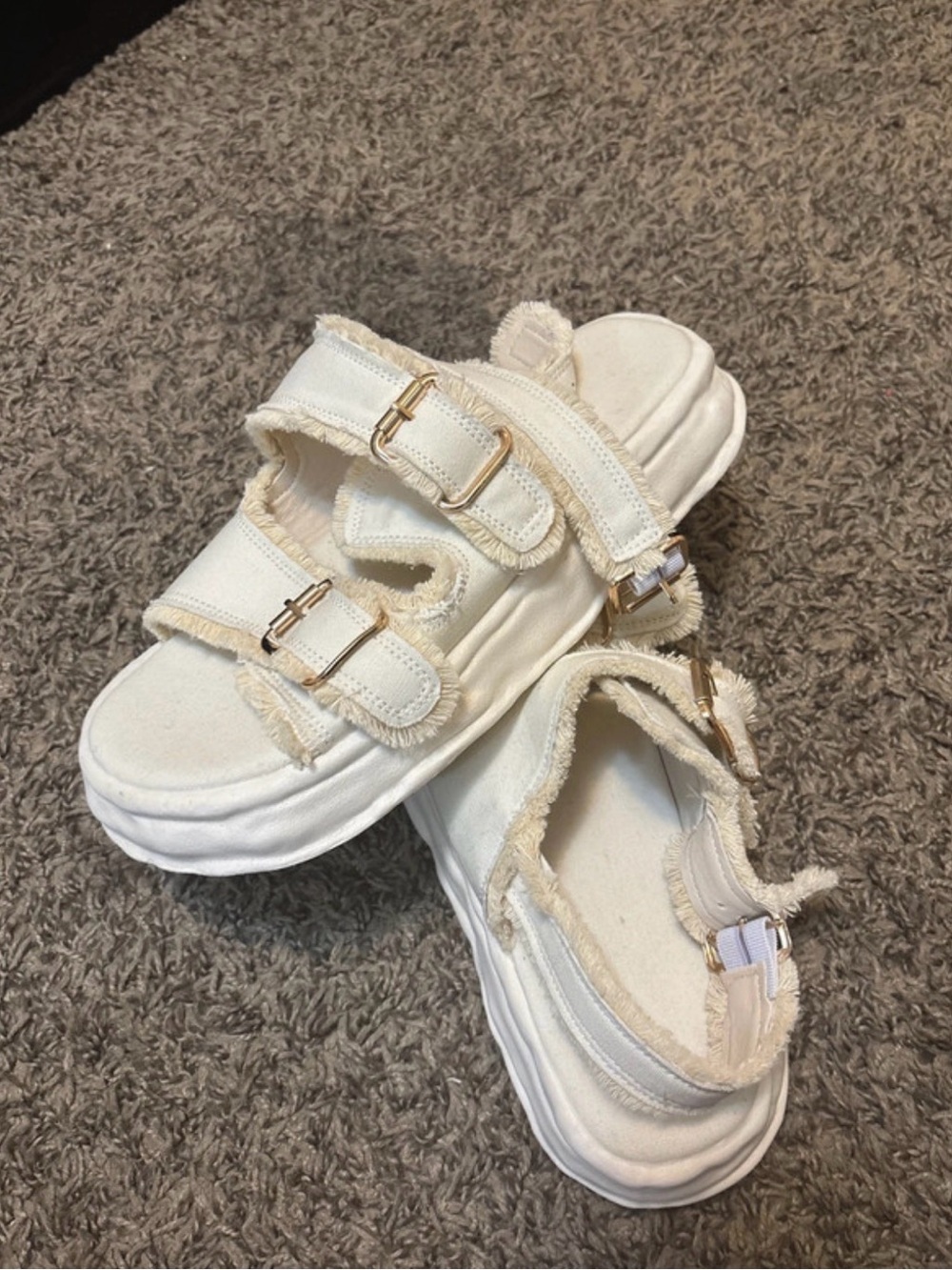 SHEIN Cream Frayed Canvas Double-Strap Platform Sandals